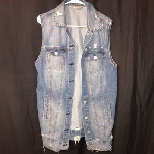 Sleeveless Denim Distressed Long Vest (DARK DENIM)